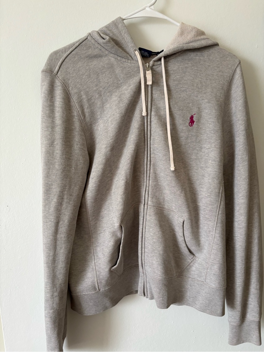 Ralph Lauren Light Gray Zip-Up Hoodie with Pink Pony